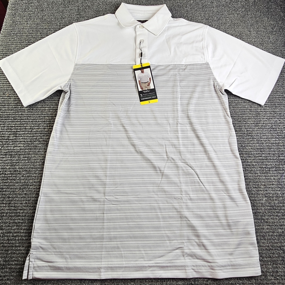 Pebble Beach White and Gray Men's Polo Shirt Size Small Nwt Golf